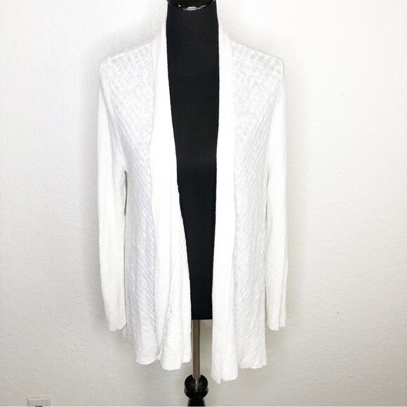 Eileen Fisher white ribbed linen blend knit open drape front cardigan size Large - Picture 1 of 16